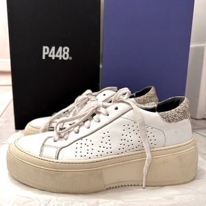 P448 S20Louise tennis shoe size 37 (7.5) in white w/silver sparkle heel